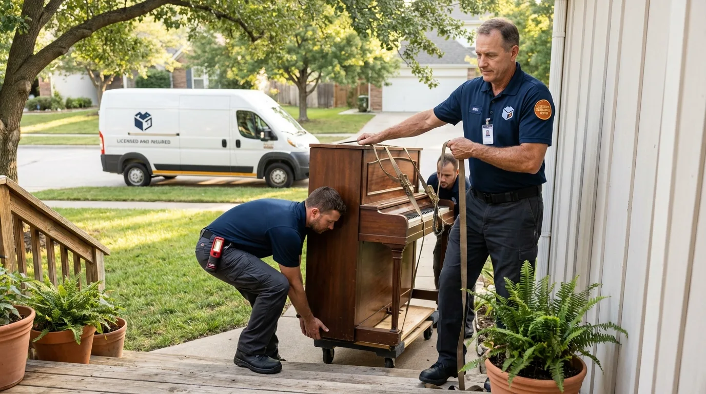 Licensed piano movers securing grand piano in Teutopolis, IL