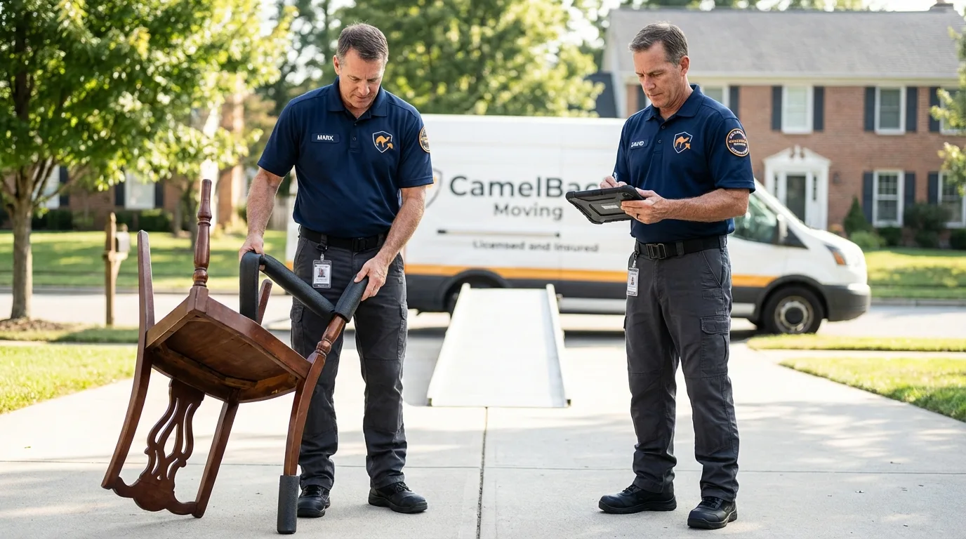 Movers inspecting furniture for damage prevention before loading in Teutopolis, IL