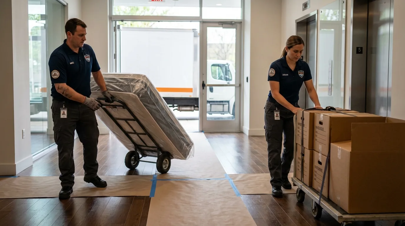 Professional apartment movers loading elevator in Teutopolis, IL