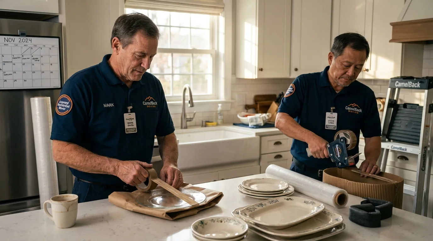 Professional crew packing kitchen dishware in Teutopolis, IL